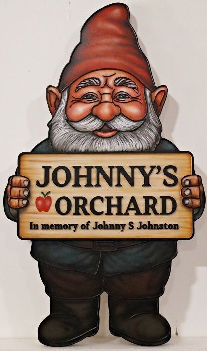 O24711 - Carved and Sandblasted HDU Sign for "Johnny's Orchard, In Memory of Johnny S. Johnston" with Artwork