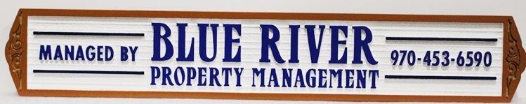 C12487 - Carved and Sandblasted Wood Grain  HDU Sign  for "Blue River Property Management"