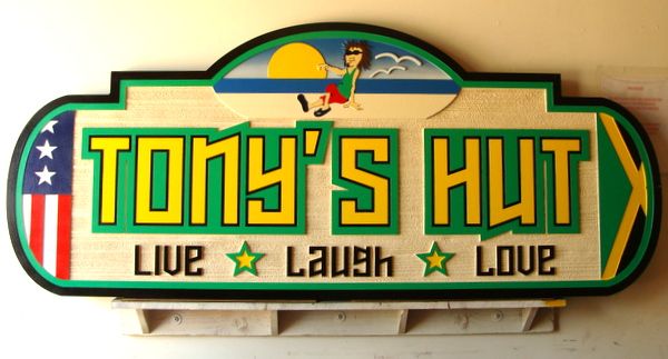 L21810 - Carved and Sandblasted Beach House Sign, "Tony's Hut"