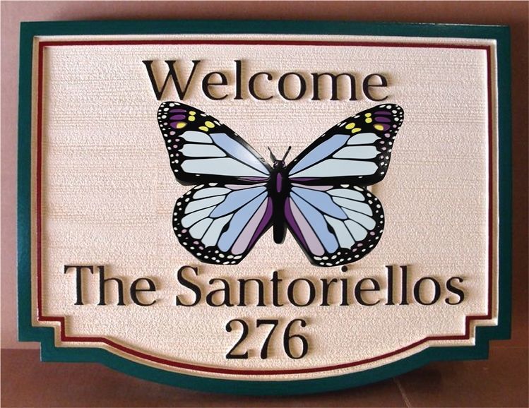 I18790 - Carved and Sandblasted  Wood Grain High-Density-Urethane (HDU)  Property Name and Address sign "Welcome to the Santoriellos", with a Butterfly as Artwork.