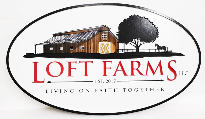 Q24807 - Carved Engraved Entrance Sign for "Loft Farms"  with  Barn and Tree Artwork 