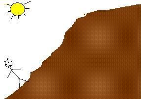 A stick figure walks up a tall hill with the sun shining down on them.