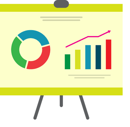 A presentation stand showing generic charts and graphs. No specific data included.