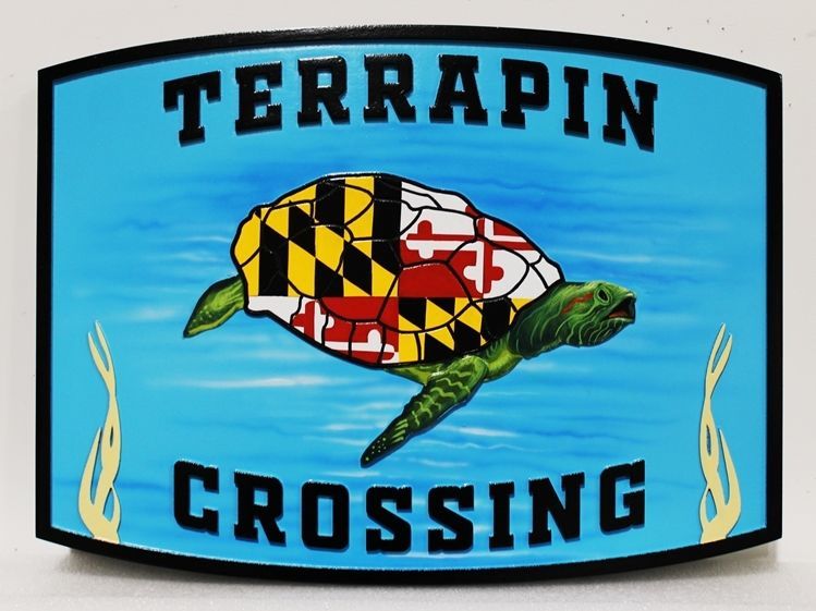 L21672- Carved Engraved HDU   Coastal Residence Name Sign "Terrapin Crossing", with Stylized Swimming Sea Turtle as Artwork