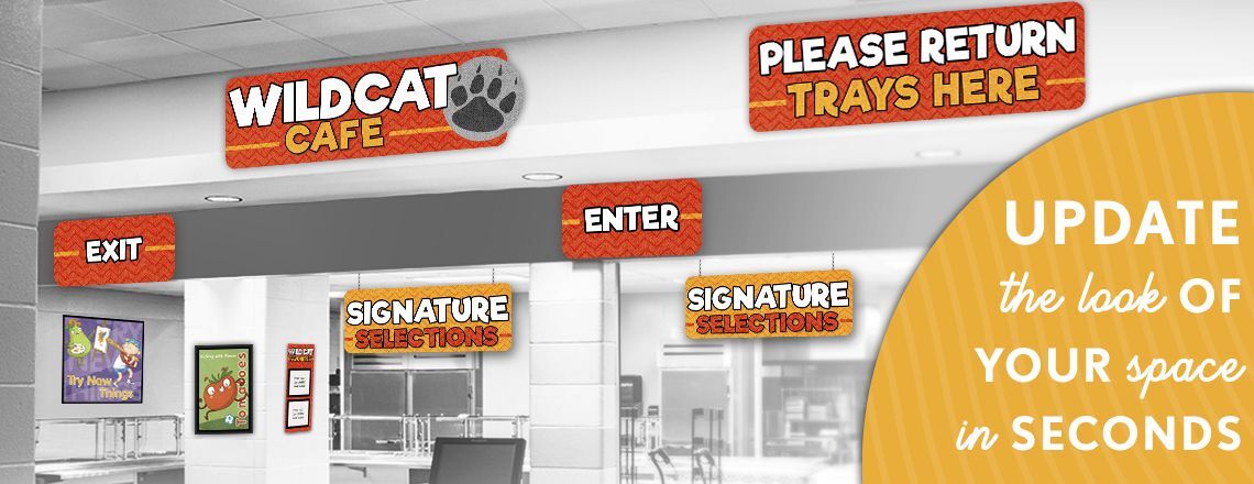 Custom school signs in a cafeteria entrance, school spirit signs with custom logo, menu board