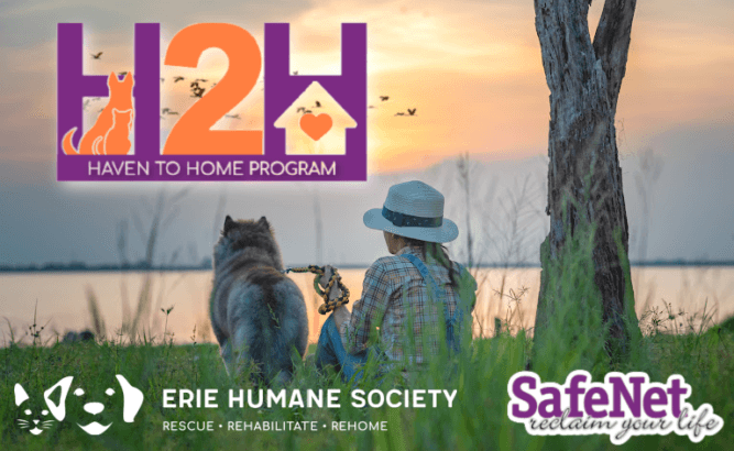 Woman and dog sitting by the water at sunset