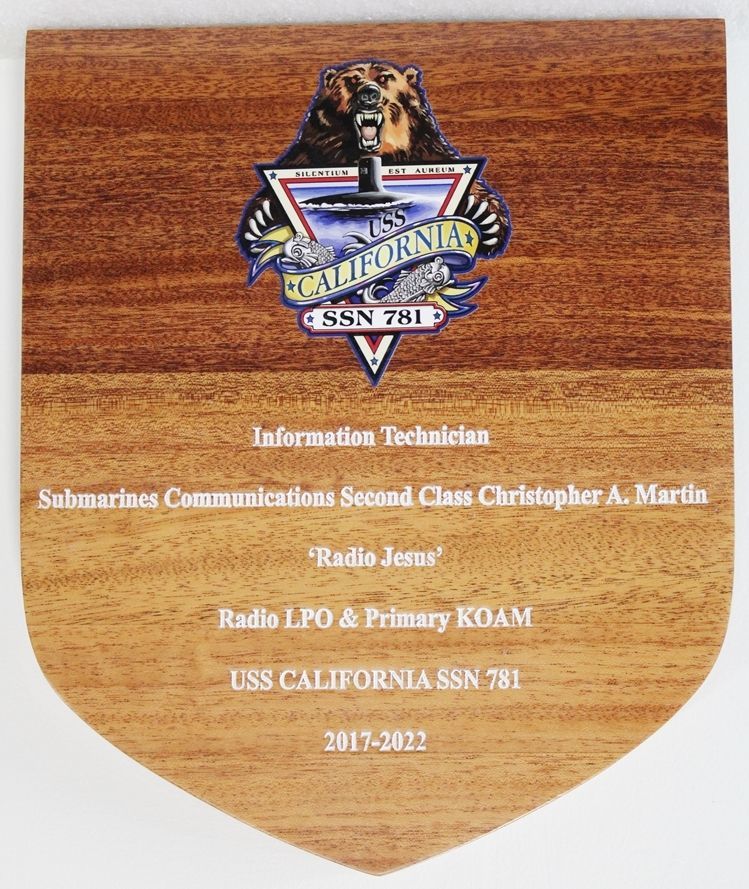 JP-2776 - Personalized Shield Plaque for Information Technician, USS California Attack Submarine, SSN 781