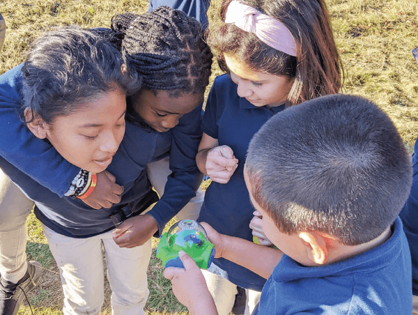 Students from the Paul Cuffee School in Providence examining a grasshopper in a magnifying bug box at the Caratunk Wildlife Refuge. 