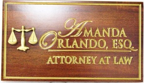 A10028B -Mahogany Sign for Amanda Orlando Attorney at Law, Engraved and 24K Gold-Leaf Gilded Text and Border with Scales of Justice 