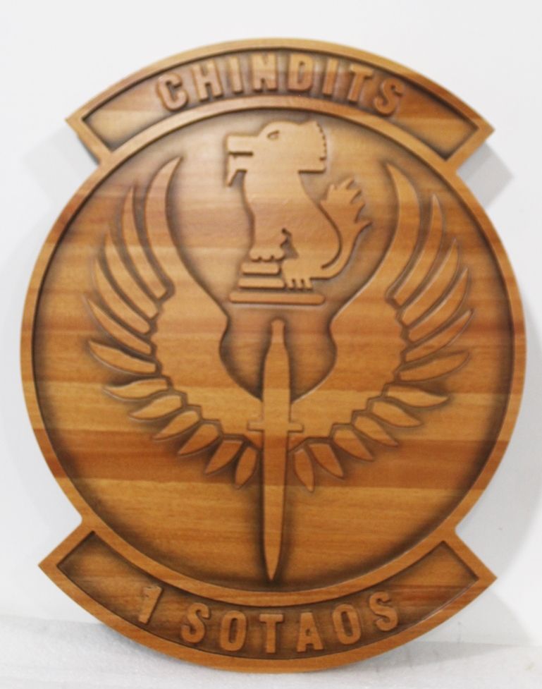 LP-3980 - Carved Cedar Wood Plaque of the Crest for the "Chindits" Special Operations  Theater Air Operations Squadron (SOTAOS) 