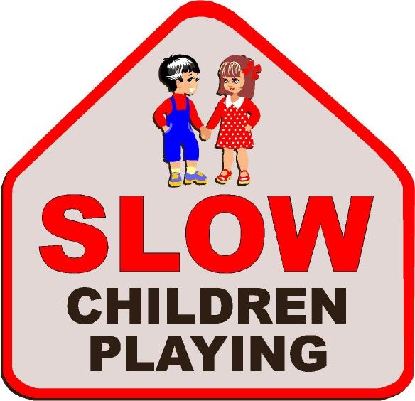 H17210 - Carved "SLOW- Children Playing" Sign with Boy and Girl Holding Hands as Artwork