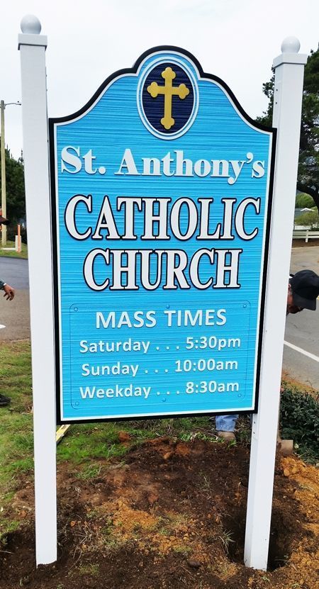 M4774 - Two  4 "x4" Cedar Wood Side Posts with Ball Finials Supporting Sign for St. Anthony's Catholic Church