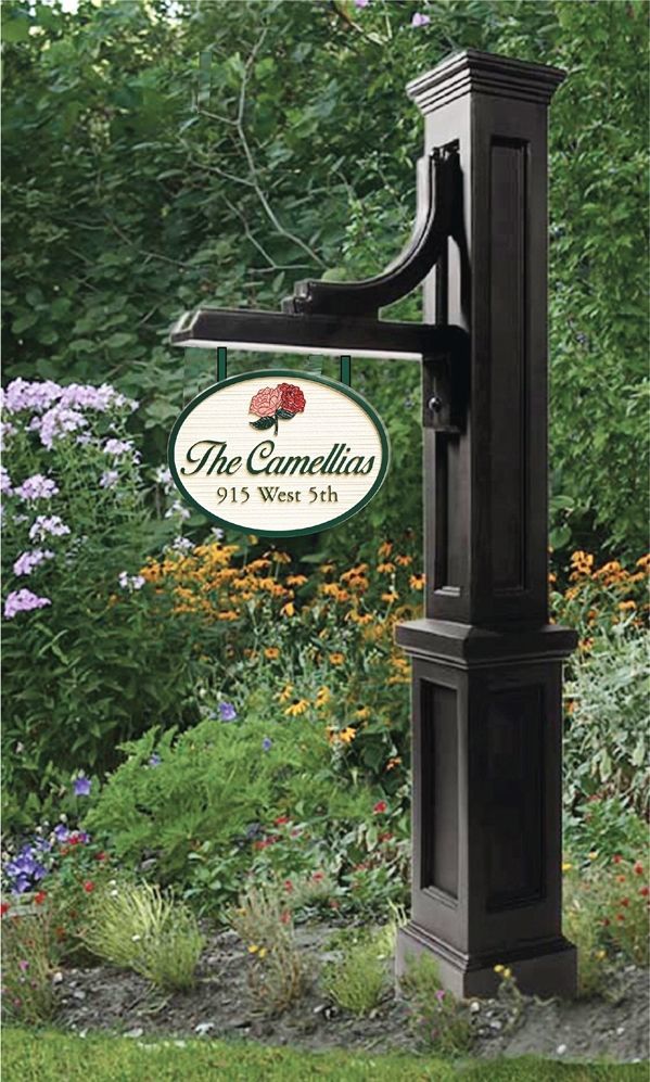 M9610 - Mayne Woodhaven Molded HDPE Ornate Sign Post, Black, with Hanging HDU Sign