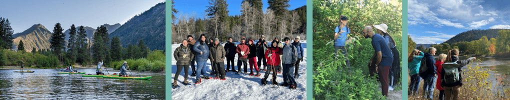 A compilation banner of images from Outdoor Experiences, including snowshoeing, paddling on the river, and nature walks.