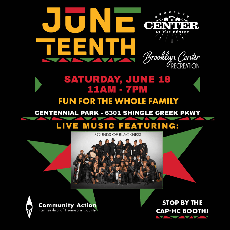 Image with information about the June 18 Juneteenth event at Centennial Park, including a photo of the musical group Sounds of Blackness