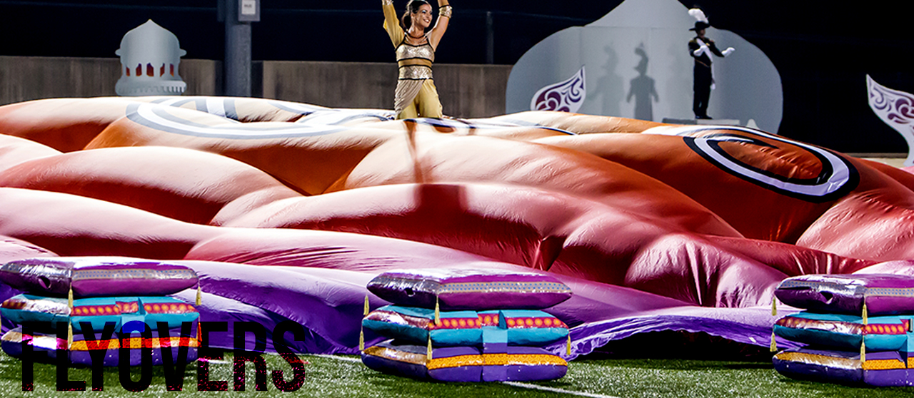 Digitally printed fabric flyovers for marching arts