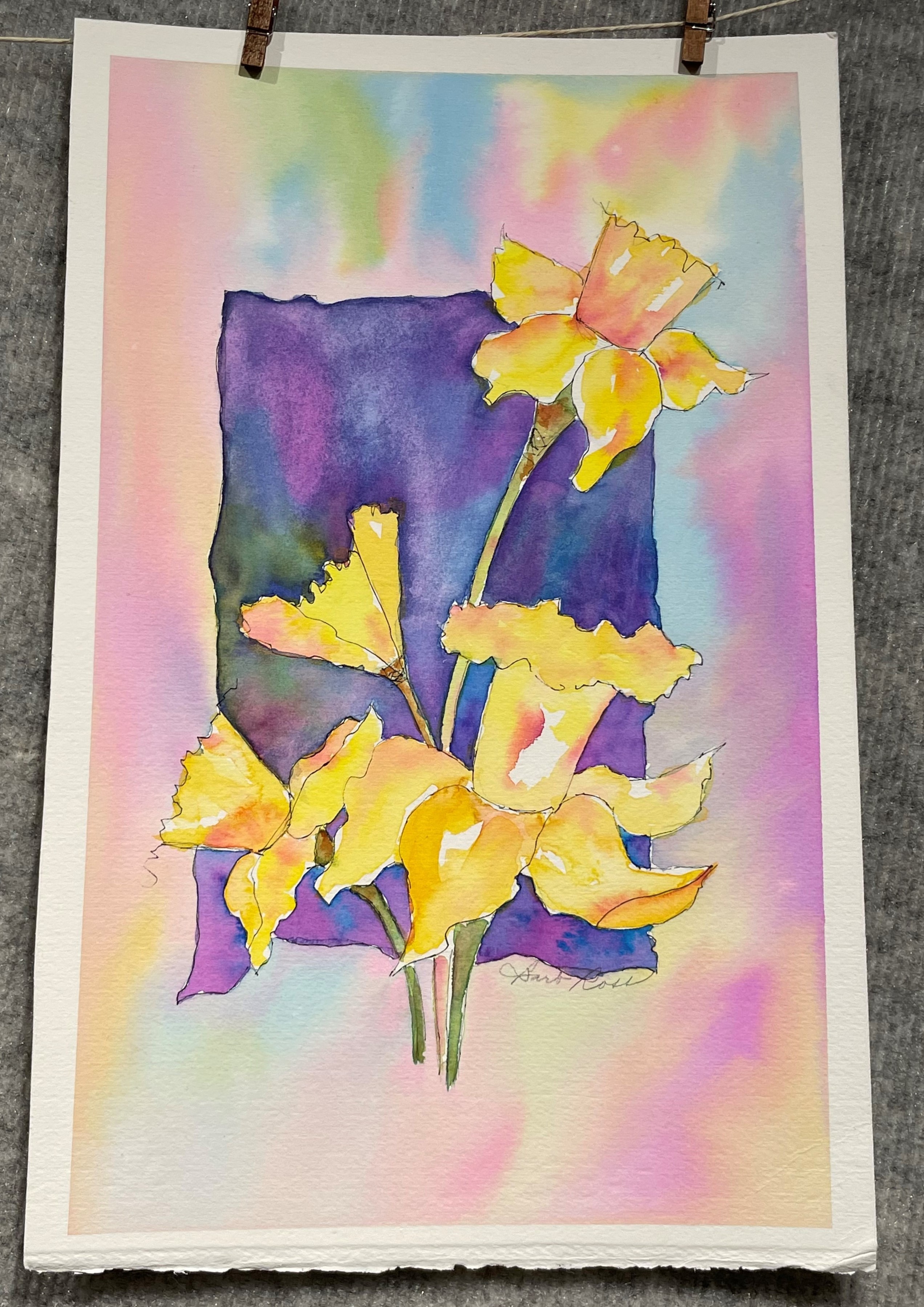 Daffodils with Blue Background Unframed