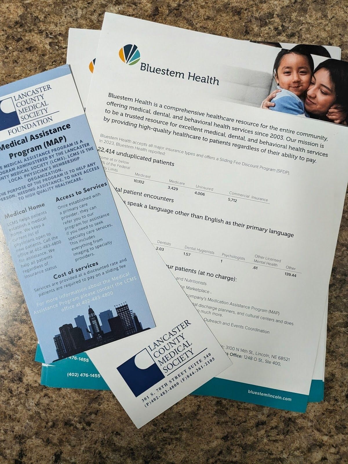 Lancaster County Medical Society (LCMS) Foundation brochure about the Medical Assistance Program, along with information about LCMS partner Bluestem Health