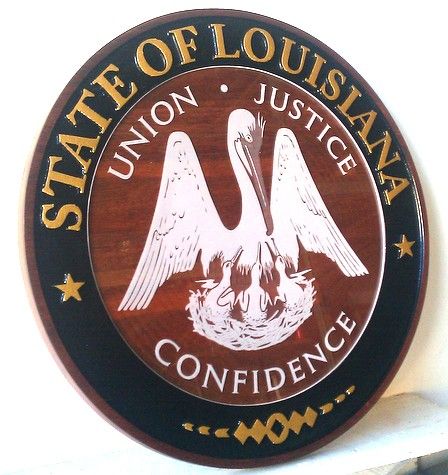 BP-1230- Carved Plaque of the Great Seal of the State of Louisiana, Artist Painted Redwood 