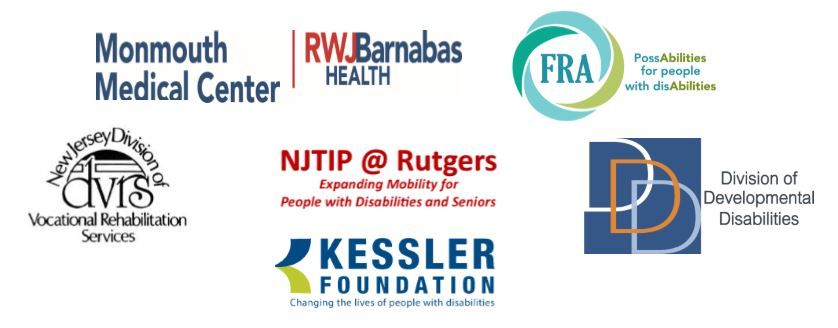 Logos of FRA, MMC RWJ Barnabas Health, DVRS, NJ Tip@Rutgers, DDD, Kessler Foundation