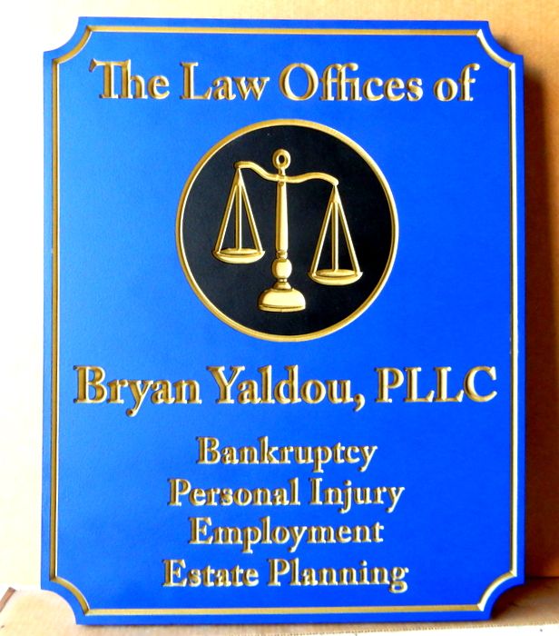 A10008 - Elegant Engraved Law Office Sign with Carved 3D Scales of Justice, Gold-Leaf