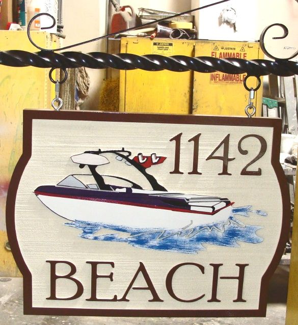 L21454 - Sandblasted HDU Artist Painted Address Sign with Speedboat, Wrought Iron Hanger