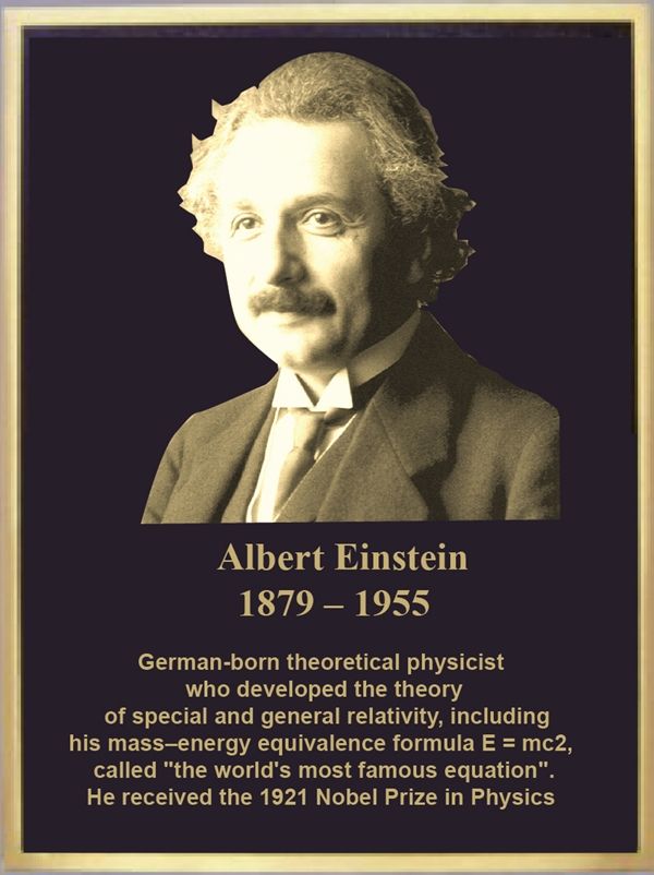 RP-2015 - Carved Memorial Plaque for Albert Einstein, Brass Plated Plaque with a Giclee Photo
