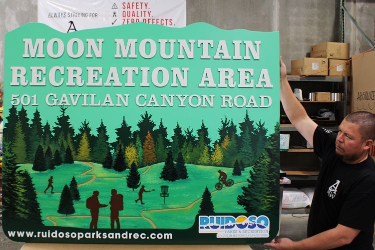  G16223 - Carved HDU Sign for the Moon Mountain Recreational Area, with Trees and Meadow as Artwork 