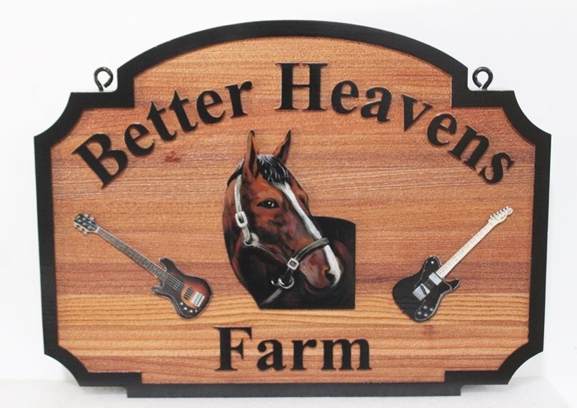 P25017A - Carved 2.5-D Redwood entrance sign for the "Better Heavens Farm",  featuring a Horse's Head and Two Guitars as Artwork 