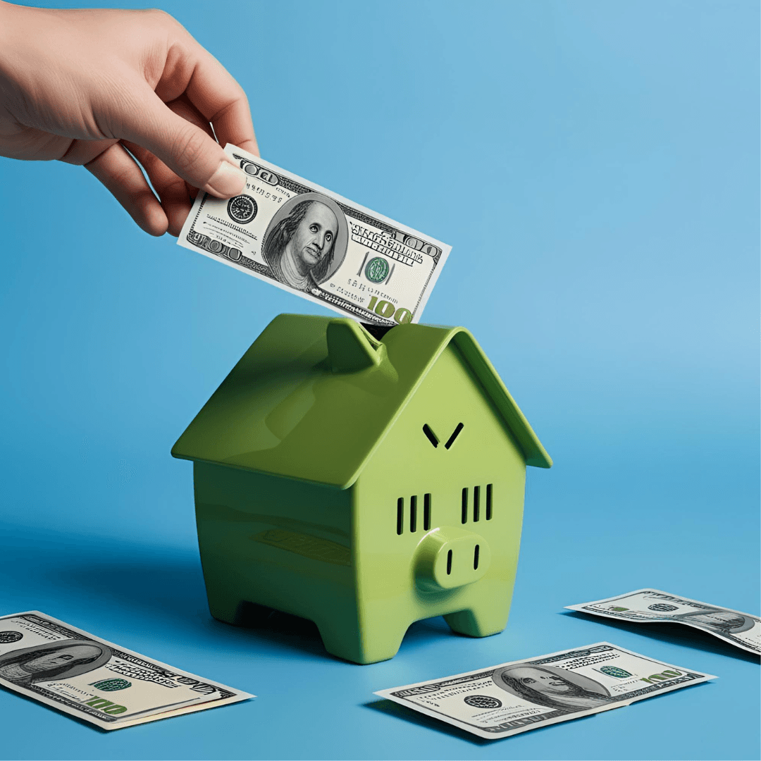 green piggy bank in the shape of a house with a hand putting money into the bank