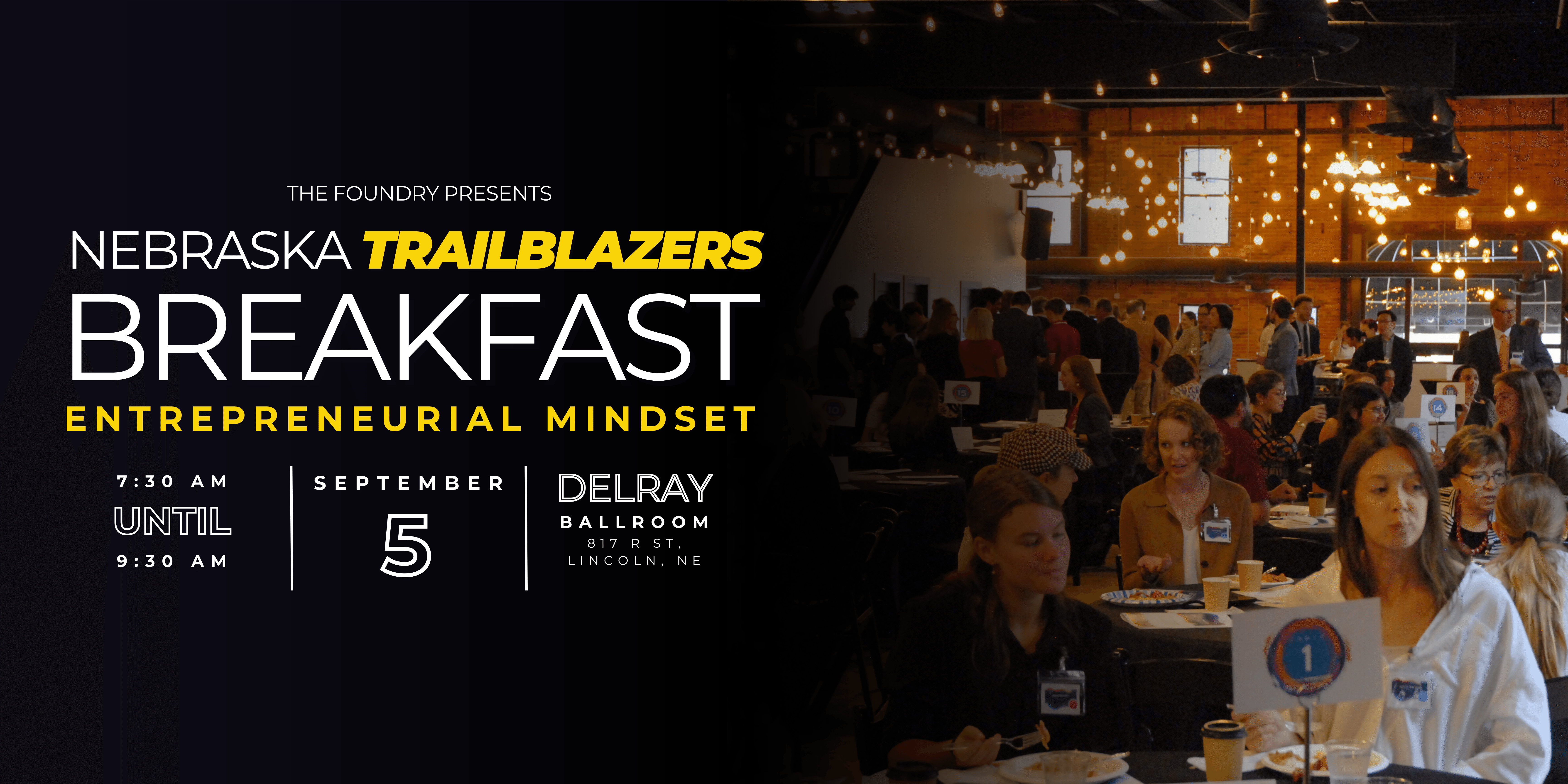 A banner image for the 2025 Nebraska Trailblazers Breakfast with a photo of event attendees from the 2024 event.