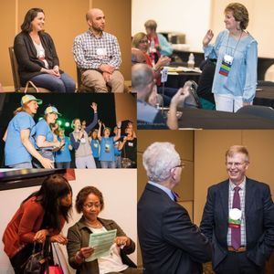 This photo collage features five different scenes from a PSC Partners conference. Everybody is smiling.