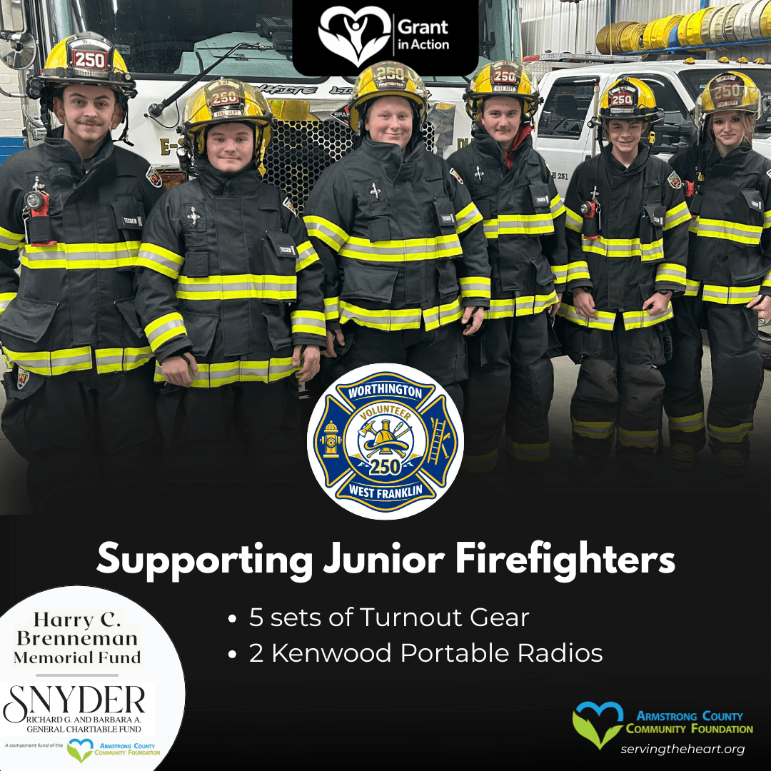 Junior Firefighters from Worthington-West Franklin VFD wearing new turnout gear, part of a grant funded by the Richard G. & Barbara A. Snyder General Charitable Fund and the Harry C. Brenneman Memorial Fund.