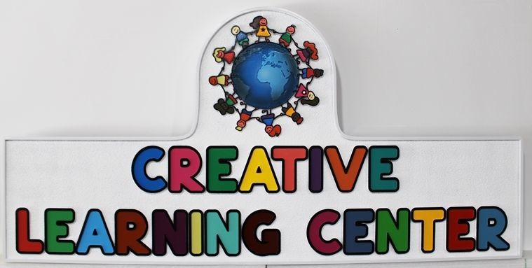 FA15953 - Colorful  Carved Raised Relief HDU  Sign for the Creative Learning Center , with Children Around the Globe as Artwork