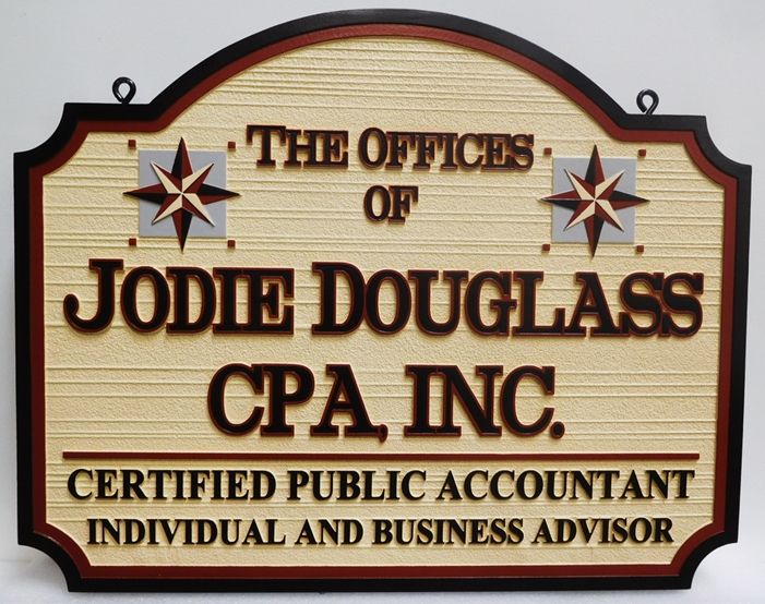 C12066- Carved and Sandblasted HDU Sign for CPA, , 2.5-D  Raised Text and Artwork, Wood Grain Background