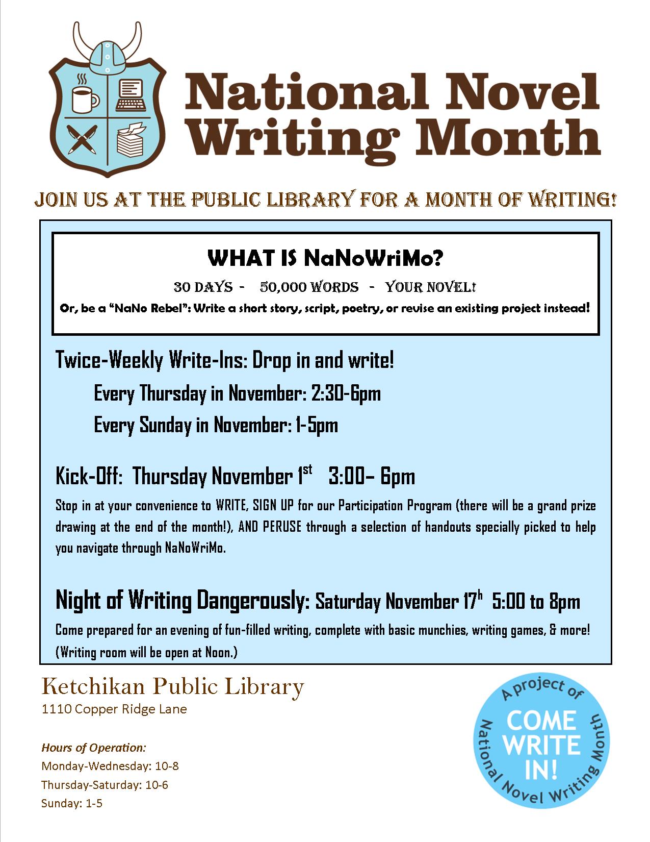 National Novel Writing Month (NaNoWriMo) at the Ketchikan Public Library!