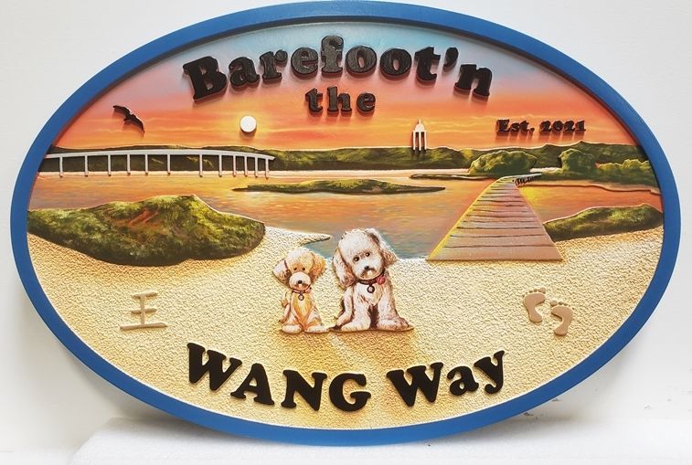L21049 - Carved 2.5-D Multi-level HDU Coastal Residence Sign, "Barefoot'n the Wang Way”, with  Two Small Dogs on a Rocky Beach with a Bay, a Bridge and Hills as Artwork