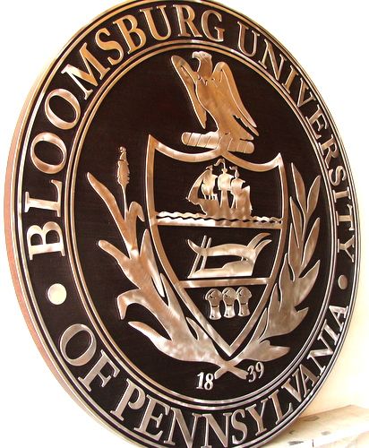 Y34316 - Aluminum and Wood  Wall Plaque of Bloomsburg University Great Seal (side view)