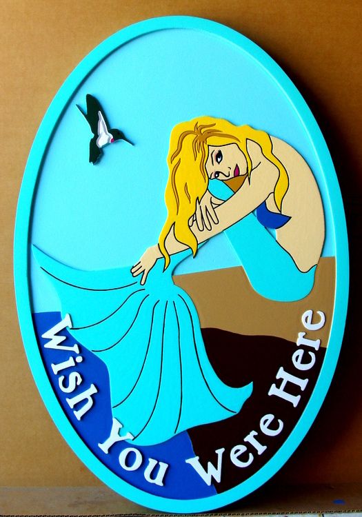 L21912A  – Carved 2.5-D HDU Welcome Sign for Seashore Residence, “Wish You Were Here”, with Mermaid