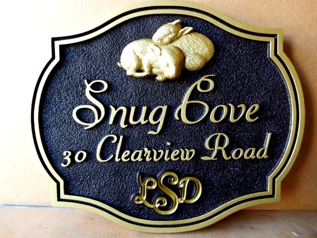 I18552 - Carved 3-D Property Name and Adress Sign, with Two Baby Bunnies