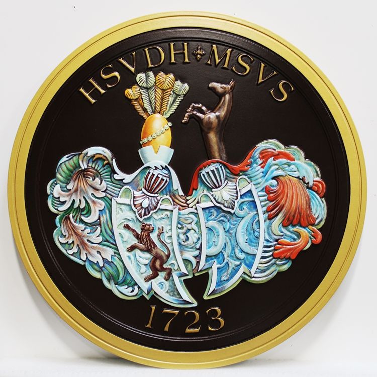 XP-1053 - Carved 3D  Artist-Painted HDU Plaque of a HSVDH Coat-of-Arms with a Lion, a Horse and Two Helmets 