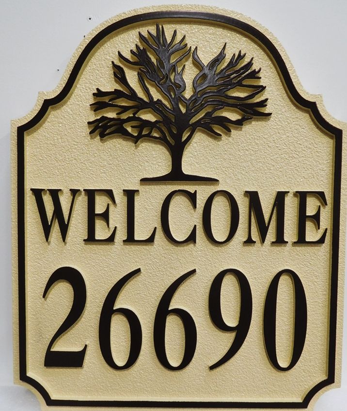 I18326 -  Carved and Sandblasted High-Density-Urethane (HDU)  Welcome and Address Sign for a Home, 2.5-D with Tree as Artwork