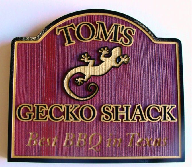 Q25040 - Carved Wood Look HDU Sign for Restaurant "Gecko Shack Best BBQ in Texas,"  with Engraved Silhouette of Gecko