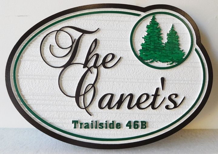 M22067 - Carved and Sandblasted Cabin Name Sign "The Canet's" with Two Fir Trees as Artwork 