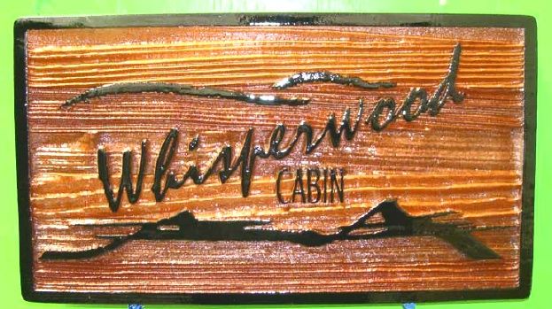 M22220 - Carved Wood Sign for "Whisperwood Cabin" with Mountains