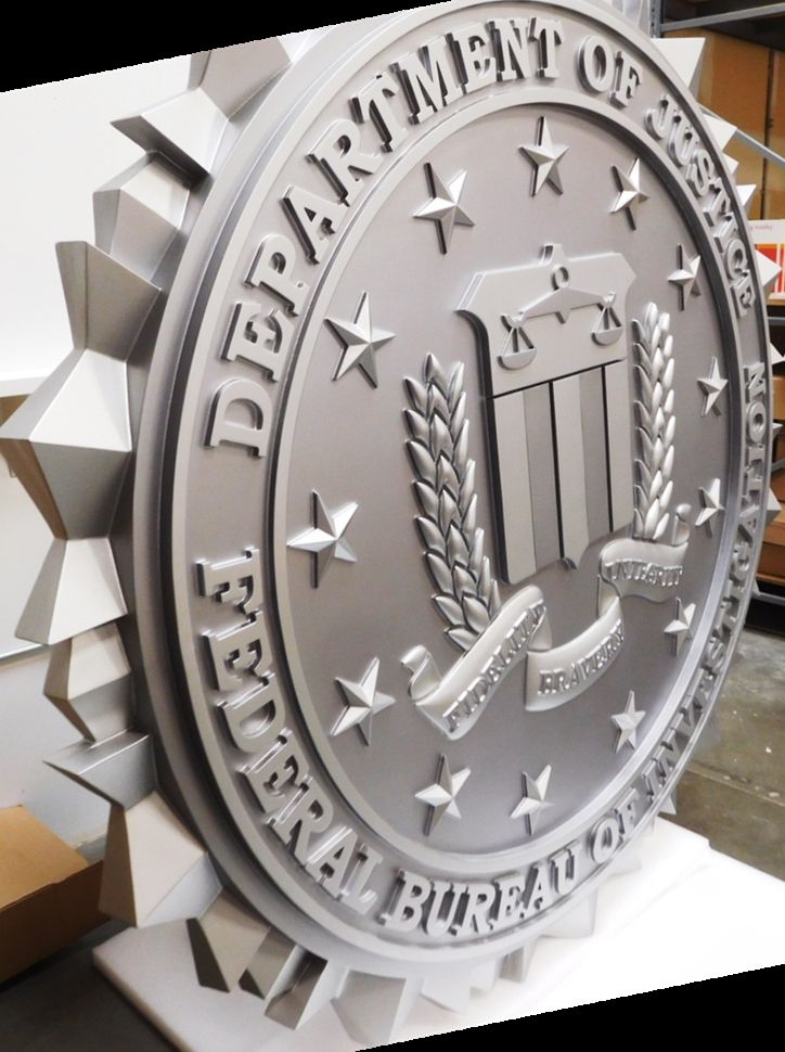 AP-2409- Large Carved Plaque of the Seal of the Federal Bureau of Investigation (FBI), 3-D Bas-Relief, Metallic Silver Painted (Side View)