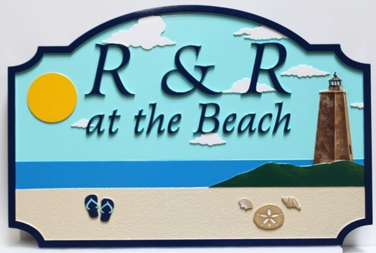 L21434 - Carved 2,5-D Raised Relief HDU beach house sign, "R & R at the Beach”  with  a Lighthouse and a Pair of Sandals on a Beach as Artwork