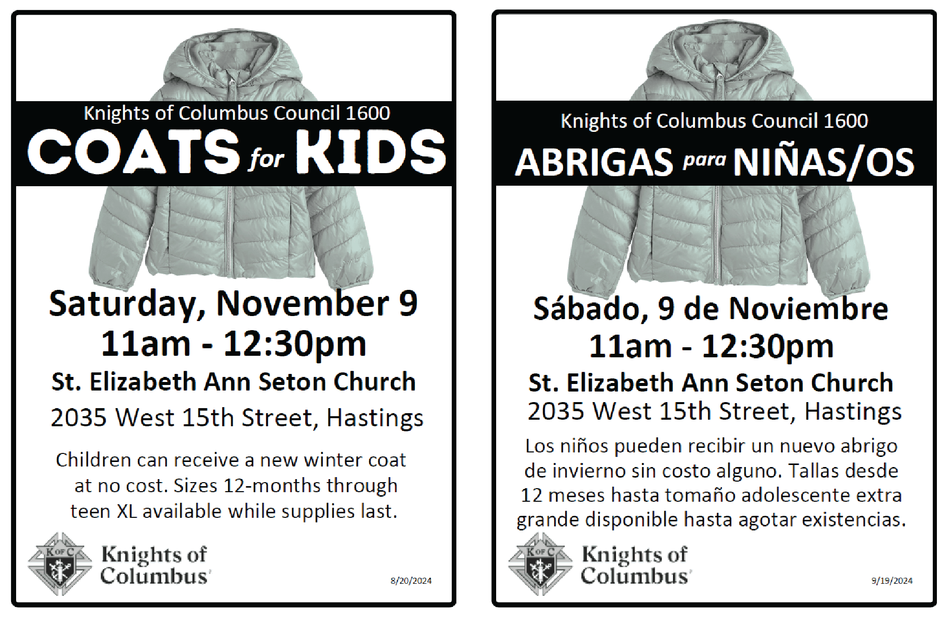 Child's winter puffer coat with hood, text reads Saturday, November 9, 11am to 12:30pm, Saint Elizabeth Ann Seton Church, 2035 West 15th Street, Hastings, children can receive a new winter coat at no cost while supplies last.