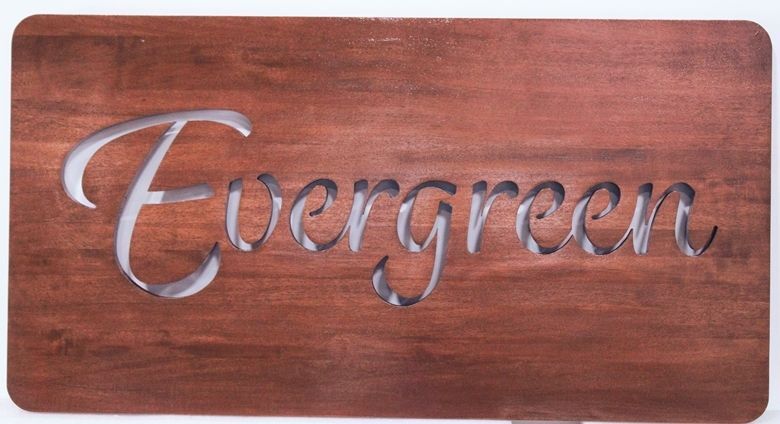 I18949A - Carved Mahogany Property Name Sign for the "Evergreen" Residence, with Prismatic 3-D Carved Text which is Painted Metallic Silver.