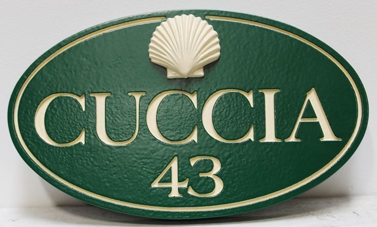 L21531 - Carved and Sandblasted  HDU Beach House name and Address Number Sign "Cuccia", with Sea Shell as 3-D Artwork.